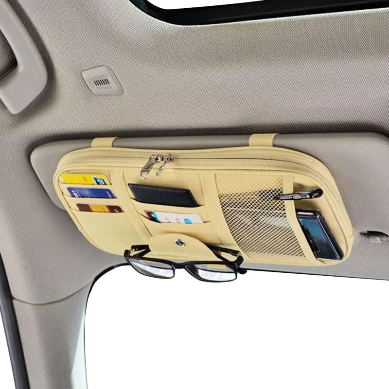 Da by Car Sun Visor Organizer, Multi-Pocket Visor Organizer Storage Pouch for Cars, SUVs & Trucks with Double Zippers, Elastic Bands & Glasses Clip- Organizes Essentials Keep Tidy (Beige Light Yellow) - Image 1